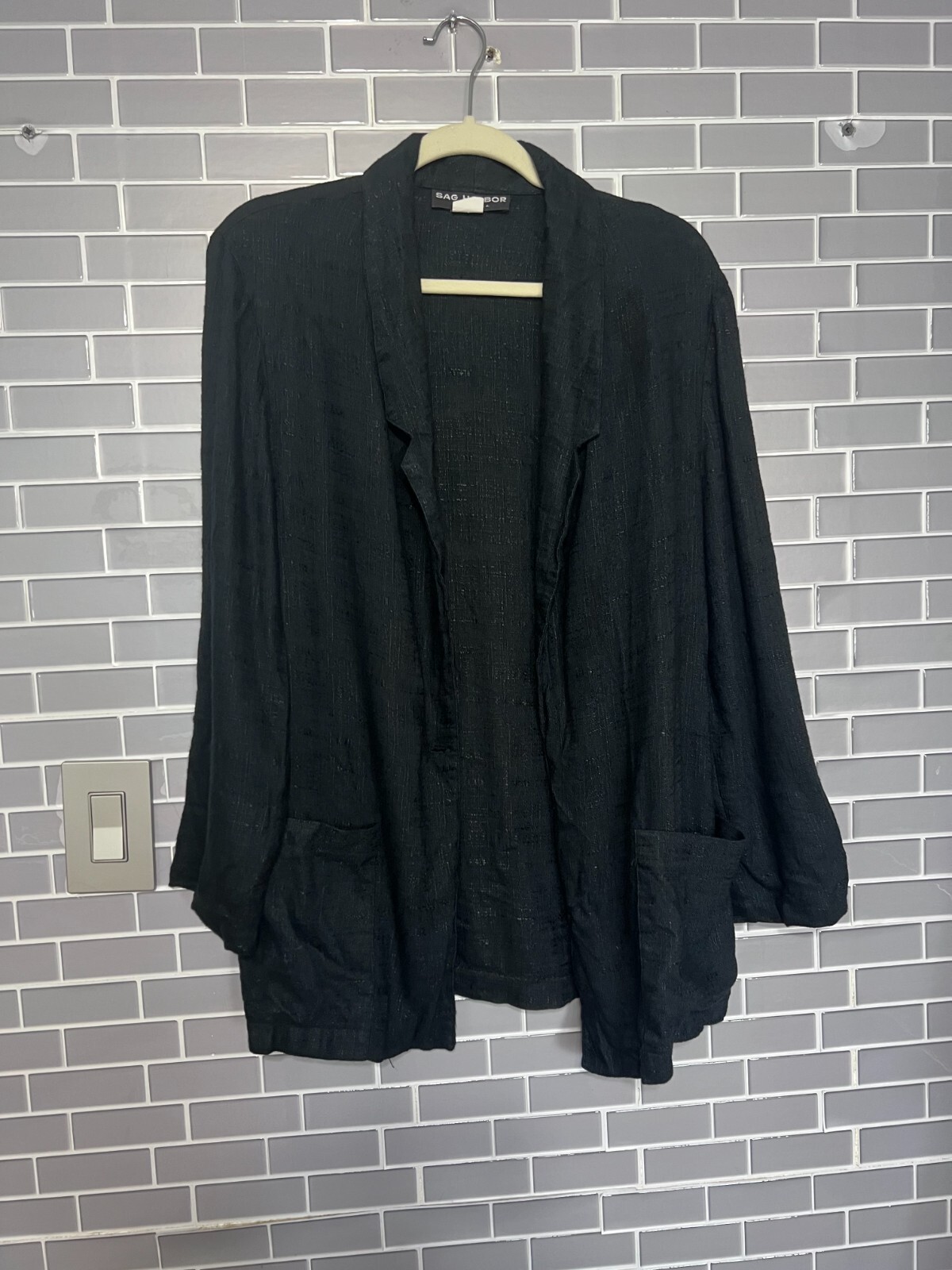 Vintage Sag Harbor Black Lightweight Blazer – Size 14 – Rayon/Flax Blend