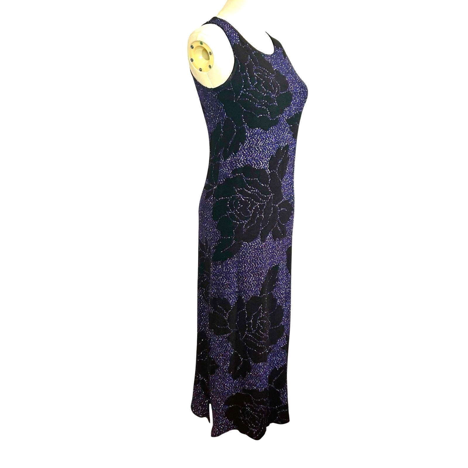 VTG 90s Black Purple Floral Metallic Maxi Dress M Goth Grunge Whimsigoth Y2K