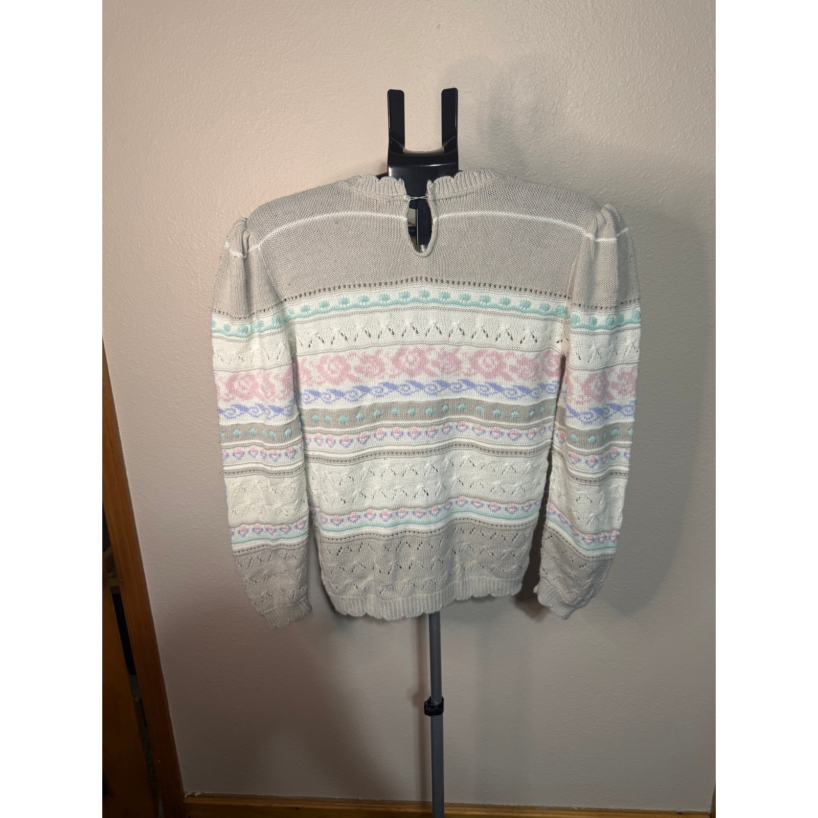 Vintage Beldoch Popper Fair Isle Pointelle Knit Sweater Pastel Puff Sleeve Grey