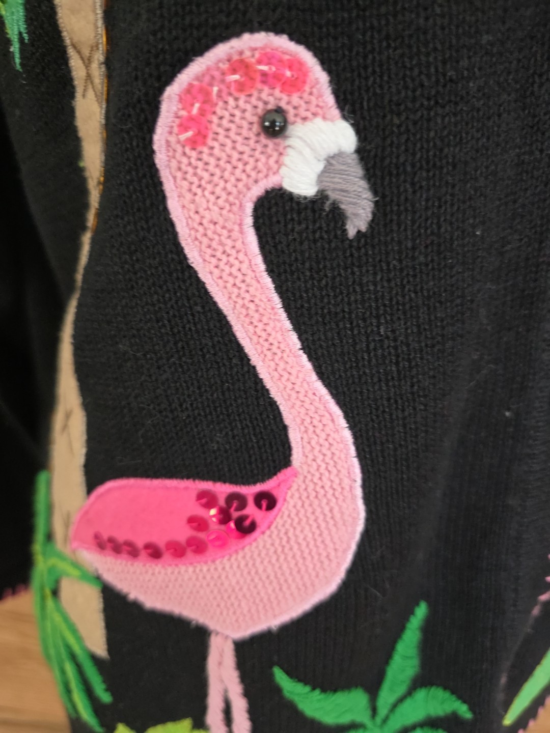 90s Vintage The Quacker Factory Embroidered Beaded Flamingo Cardigan Womens s
