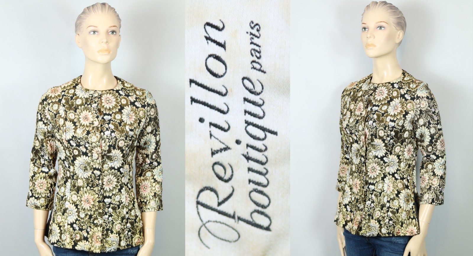 Vtg REVILLON BOUTIQUE PARIS Gold Multi-Color Floral Tailored Jacket Blazer XS/S