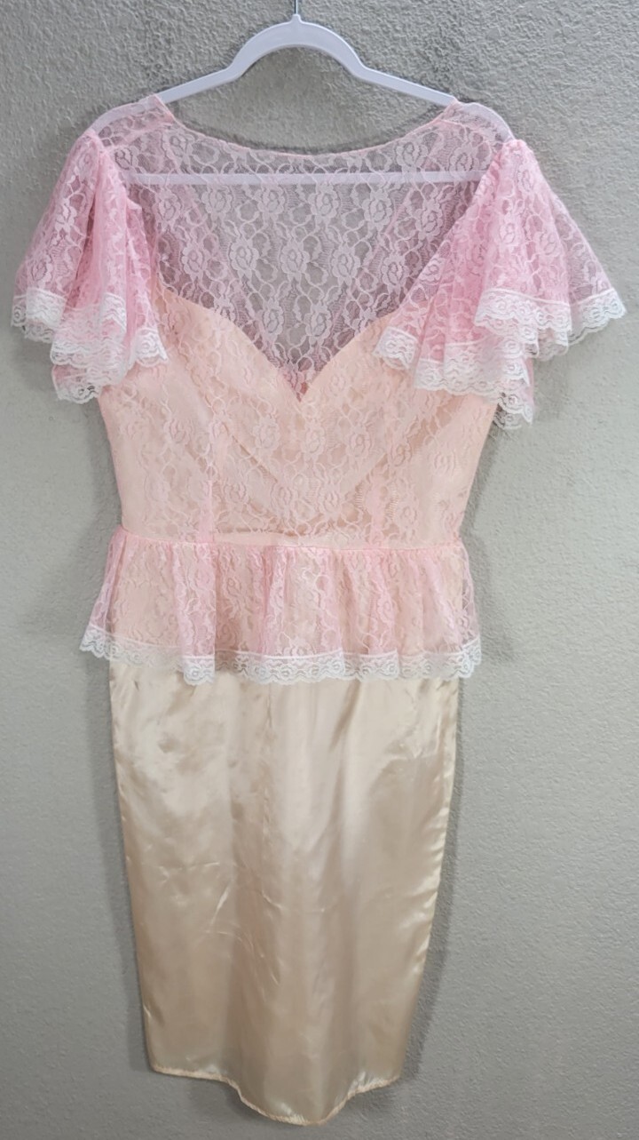 Vtg Totto Barbiecore Bodycon Dress Pastel Pink Lace Overlay Satin Open Back 13