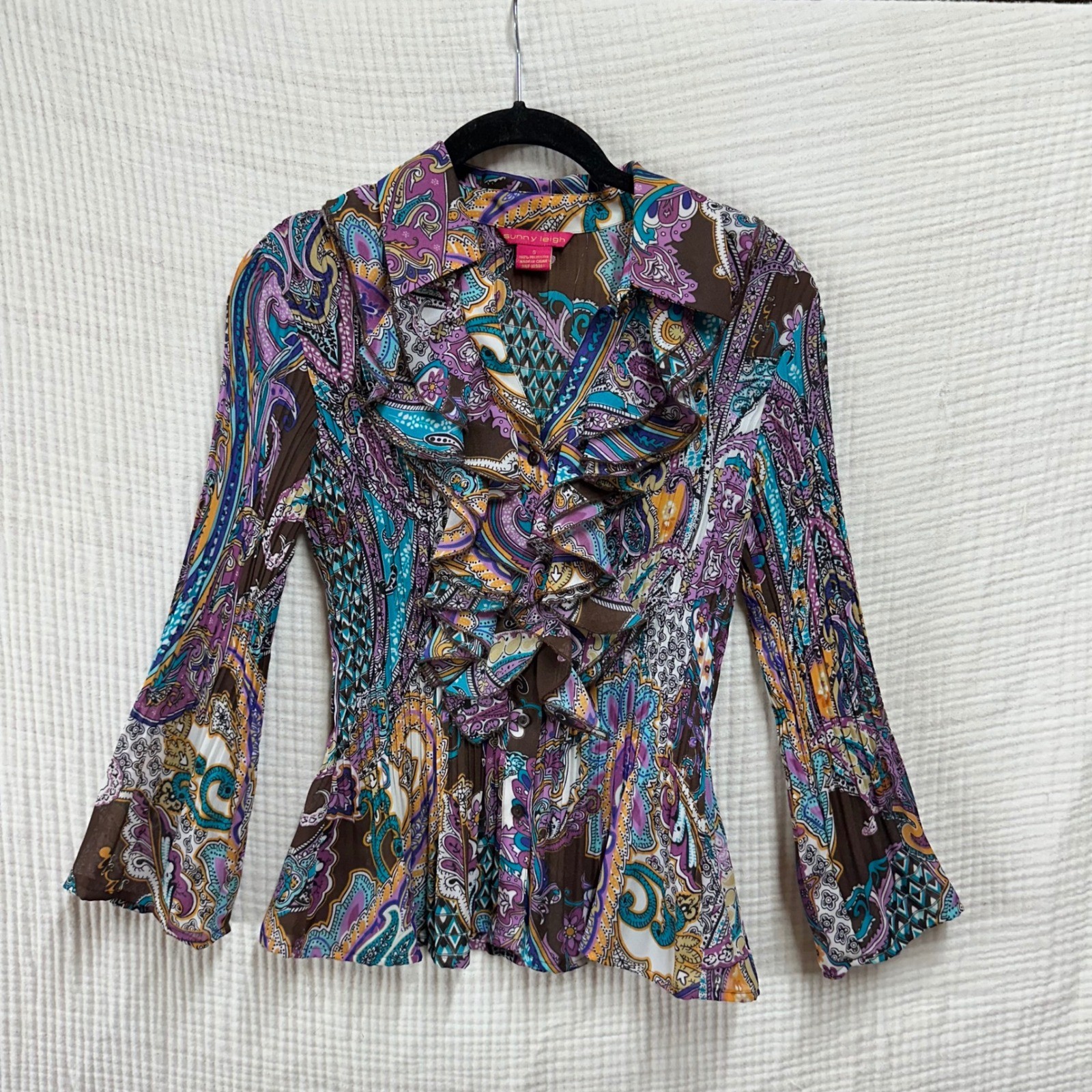 Vintage Y2K Sunny Leigh Paisley Crinkled Ruffle Half Button Blouse fairy whimsy