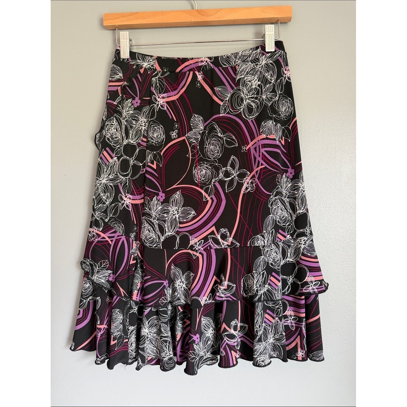 VTG Y2K Abstract Floral Ruffle Midi Skirt Black Pink Purple Chiffon Asymmetric