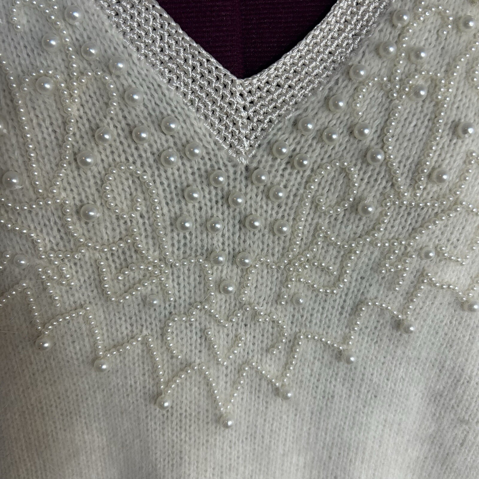 Vintage 80s Side Effects Beaded Ivory Wool Angora Rabbit Hair Sweater Sz M