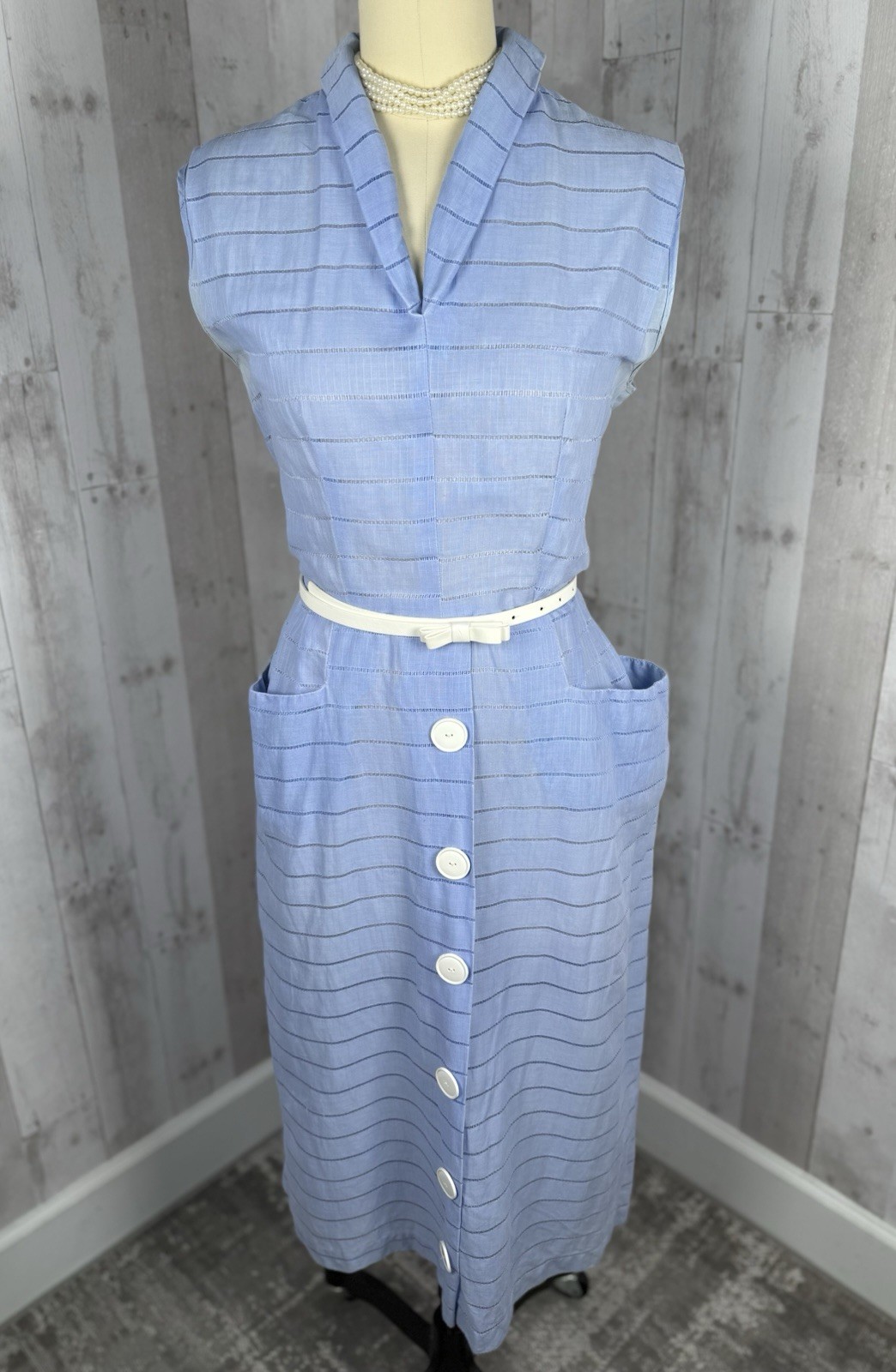 Vintage 1940s DRESS Frock Cotton Day DRESS Pale Blue Retro Pinup WWII S/M
