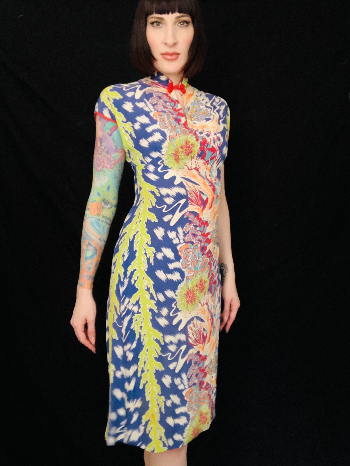 Vintage 1940s 40s Cold Rayon Wild Psychedelic Floral Hawaiian Dress Tiki Oasis