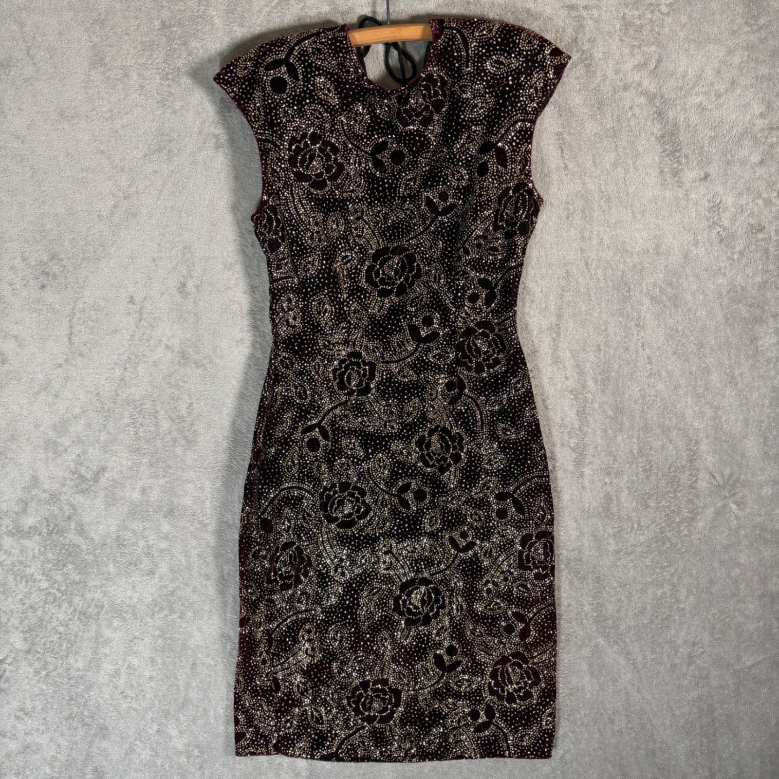 Climax Karen Okada Vintage 90s Open Back Glitter Floral Bodycon Dress Burgundy S