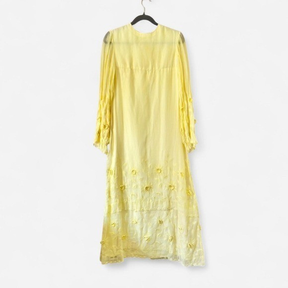 Vintage 60s / 70s Lemon Yellow Sheer Long Sleeve Maxi Dress 3D flower applique