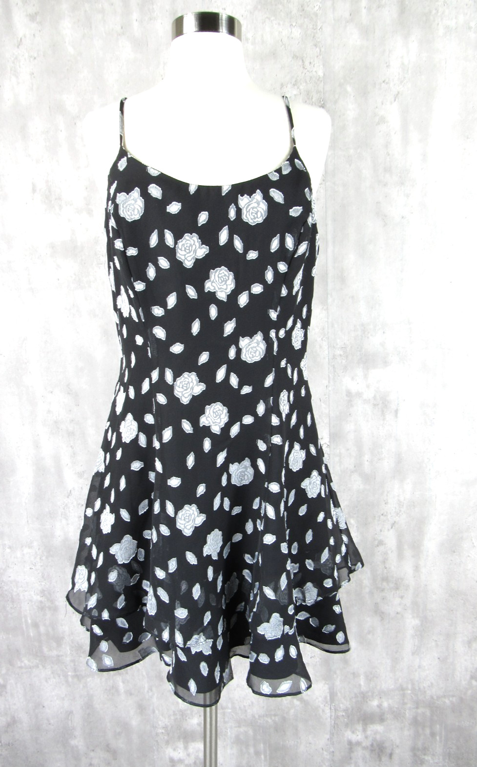 Vintage 90s Rampage Black Silver Mini Slip Skater Dress Y2K Tiered Hem S/M