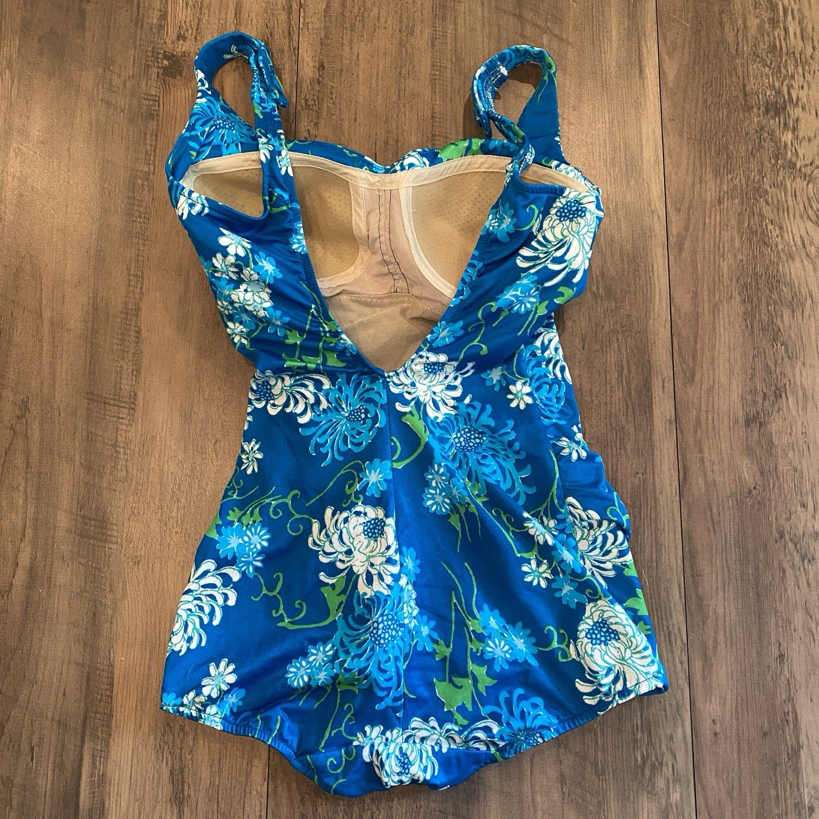 Vintage Mid Century 1960s Pin Up One Piece Aqua Blue Floral Swimsuit Size 34B