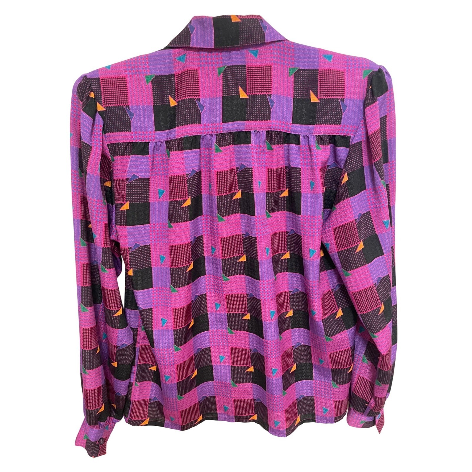 Vintage 80s Blouse Geometric Grid Print Purple Magenta Size 6