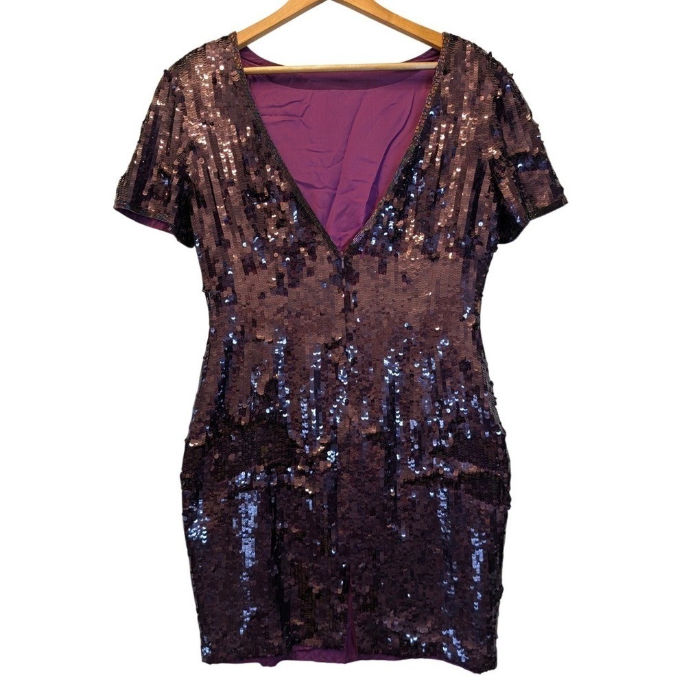 AJ Bari Vintage Silk Sequin Cocktail Dress Purple V-Back Mini Size 12 RN50438