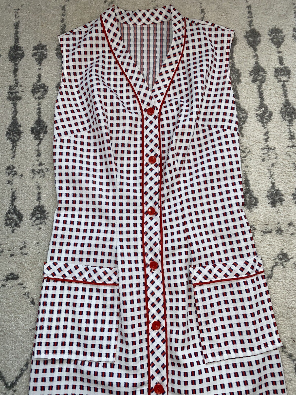 Vintage Summer Dress, 60s-70s Button Front w Pockets S/M, Red White Blue MCM