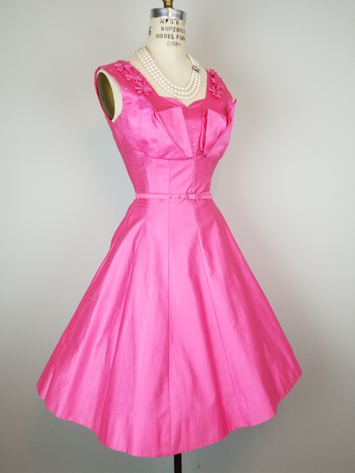 Vintage 1960’s Hot Pink Party Dress Rhinestone & Floral Details Ladies Size Sm