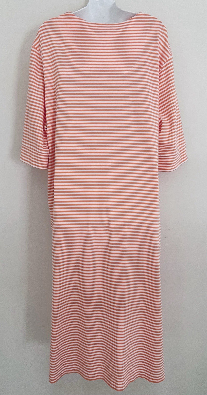 Vtg ORVIS Dress XL Orange White Stripe Short Sleeve Button V-Neck Pockets Casual