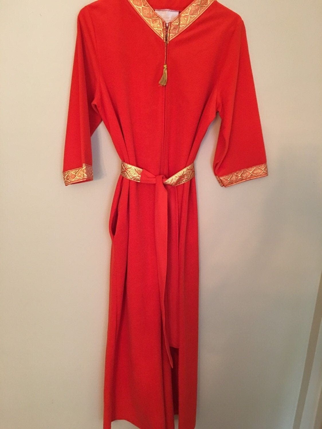 Vintage 1970 Sears at Home Wear Coral Loungewear Jumpsuit Velour Orange and Gold