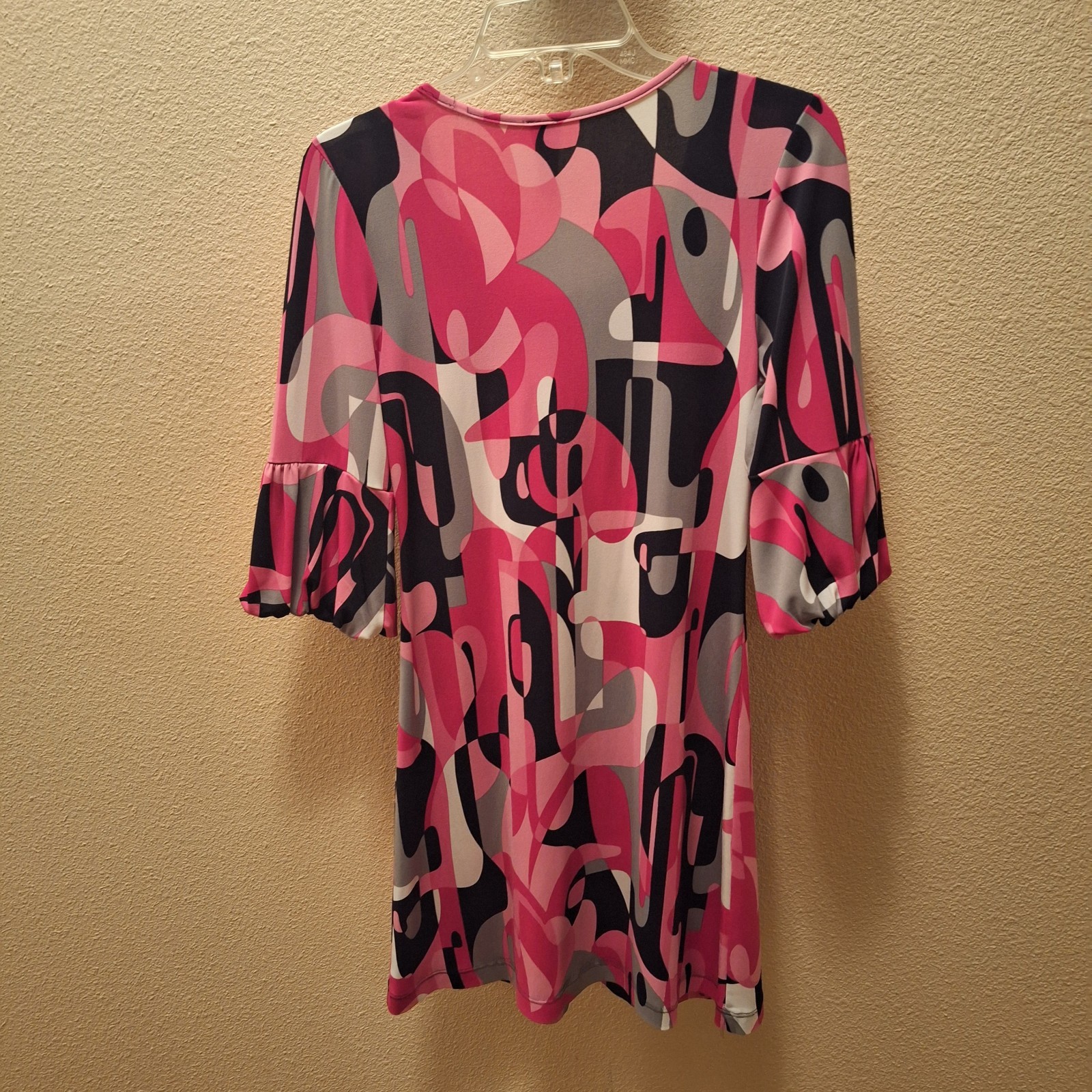 Vintage Dress By London Eyes Pink-Black Multi Dress Abstract, Retro, Vivid.