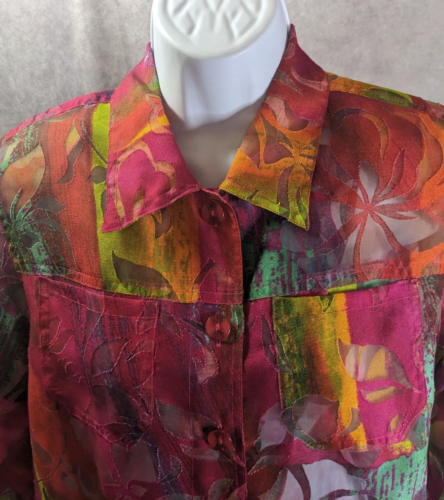 Vintage Sheer Multicolor Floral Button-Up Shirt By Erin London Size S