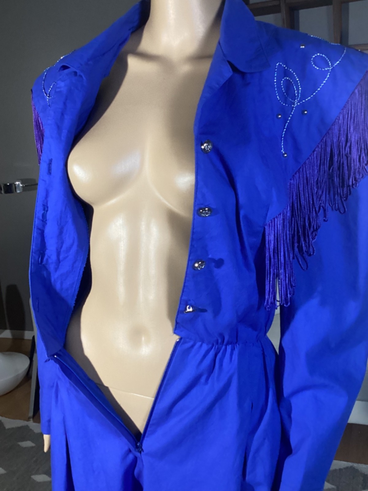 Vintage Lilia Smitty Women’s Western Cowgirl Blue Fringe Studded Applique Dress