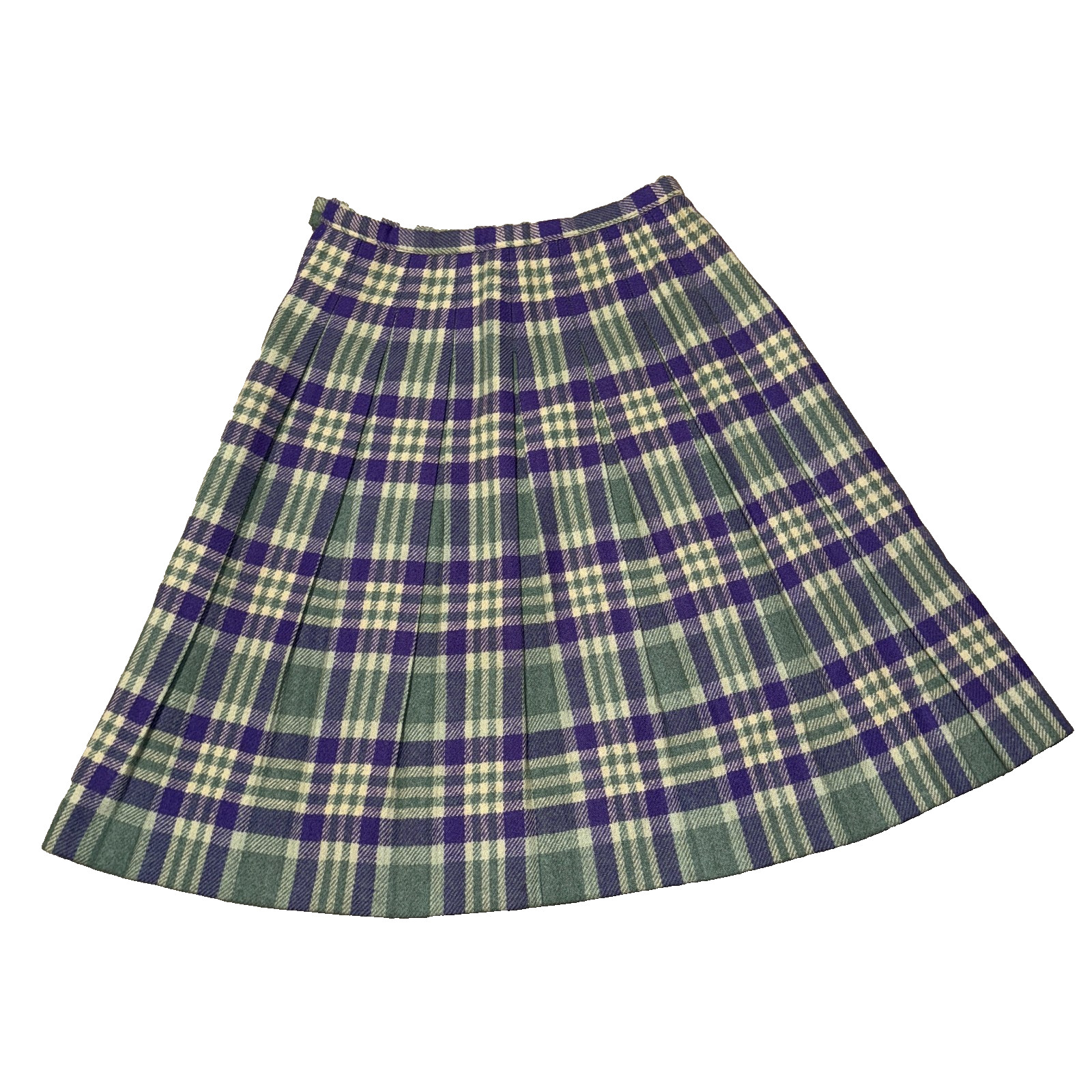 Vintage Plaid Pleated Skirt Purple Green Wool A-Line Side Zip 27.5” Waist