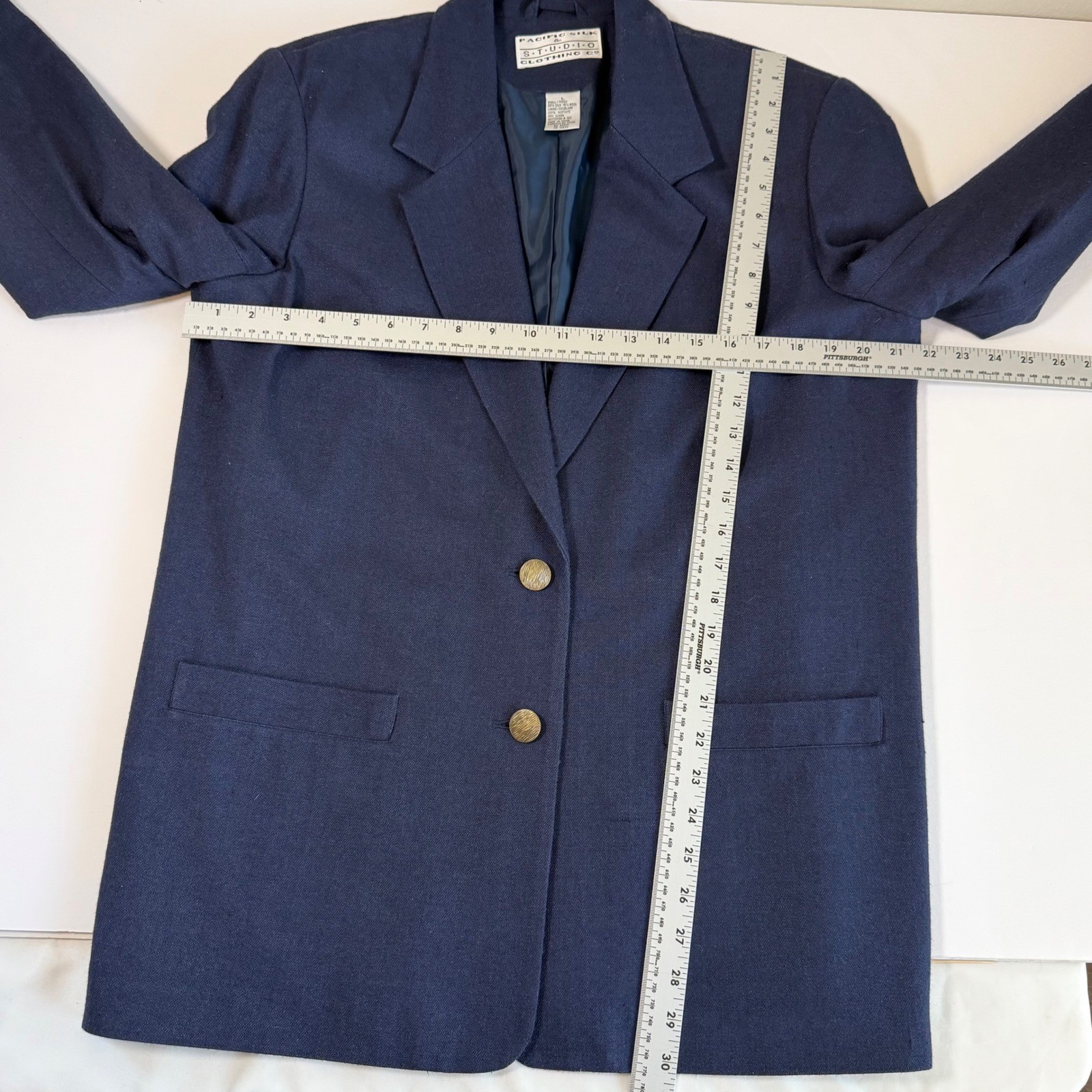 Vintage Womens Blazer Large Blue Silk Wool Jacket Tailored Career Classic
