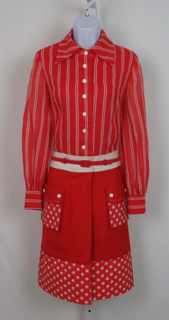 VTG 1950s HOWARD WOLF RED SHIRT DRESS WHITE STARS STRIPES BELT LINEN BLEND
