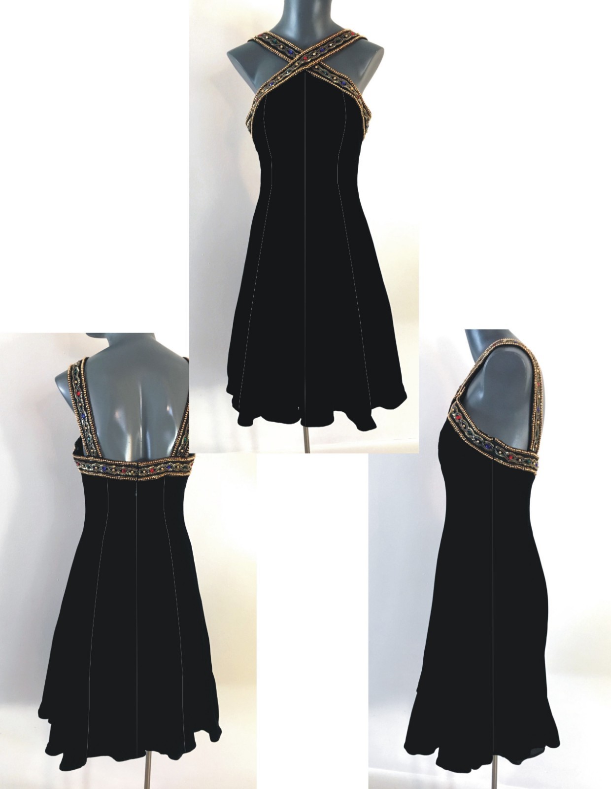 90s Sz 8 B 34 A J Bari Black Velvet Beaded Princess Seam Special Occasion Dress