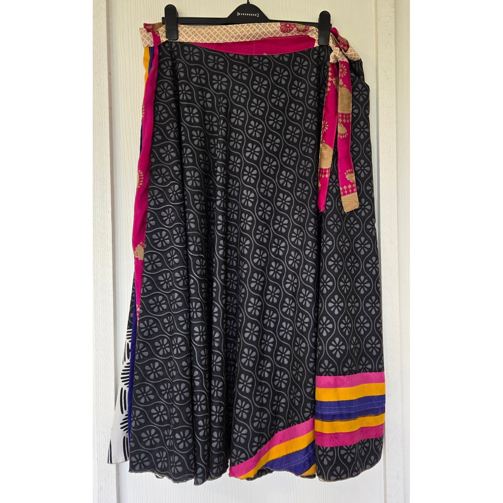 Vintage Reversible Sari Wrap Skirt Patchwork Boho Hippie Festival Art to Wear OS