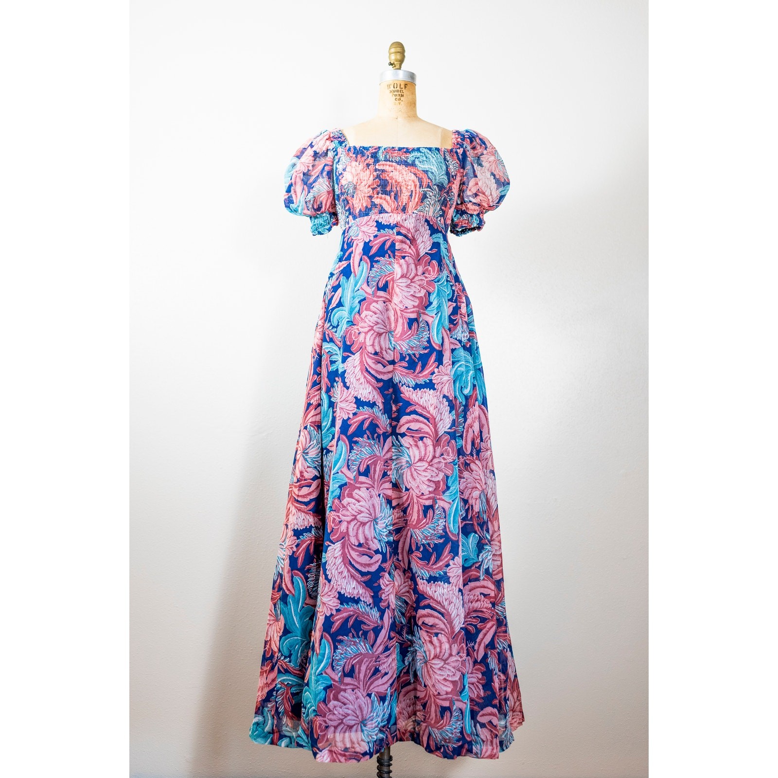 Vintage 70s Puff Sleeve Floral Maxi Dress Pink Blush Blue, Sheer Muslin Gauze XS