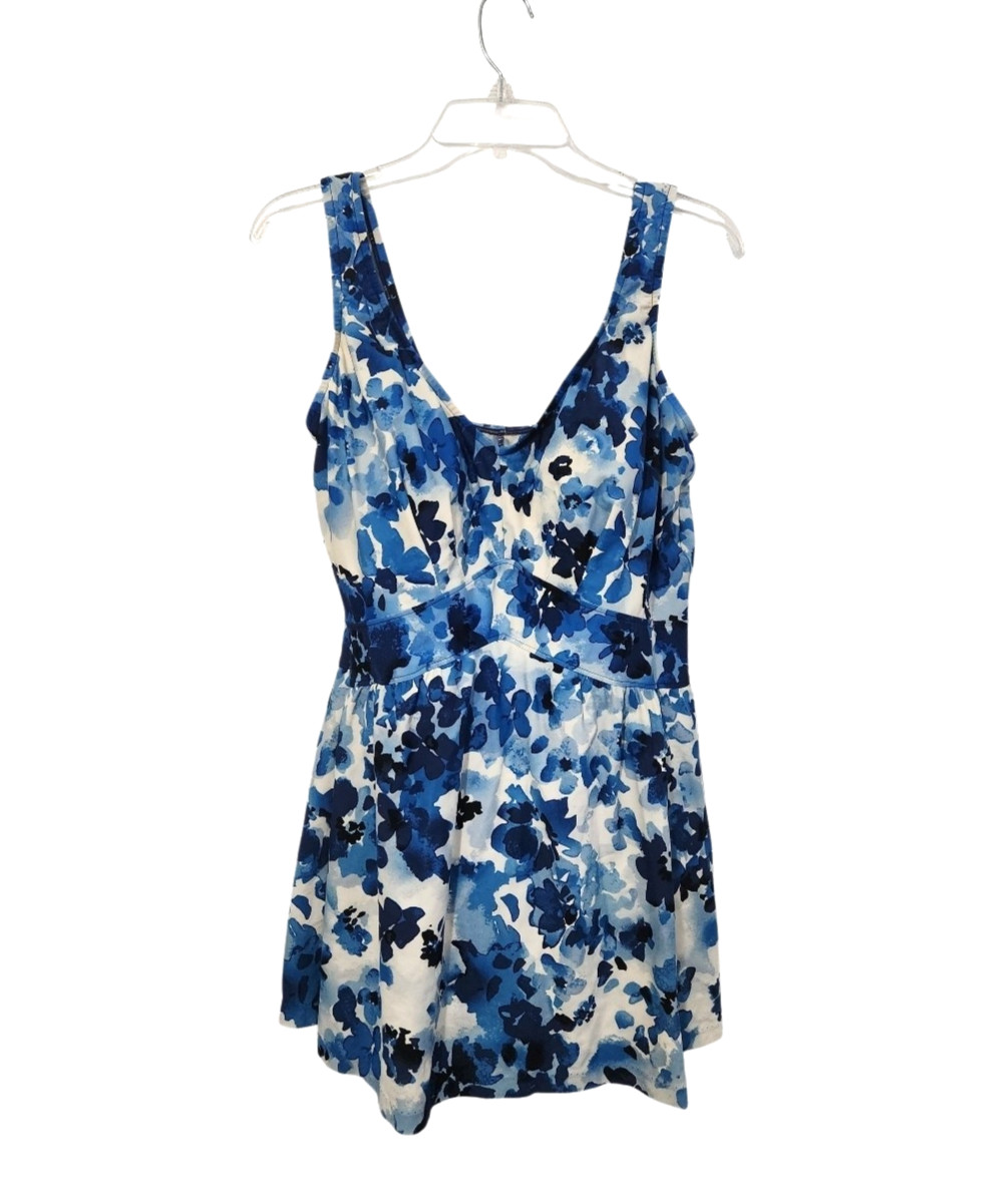 VTG Maxine of Hollywood Floral Blue White Swim Dress Suit Wide Strap Sz 18W