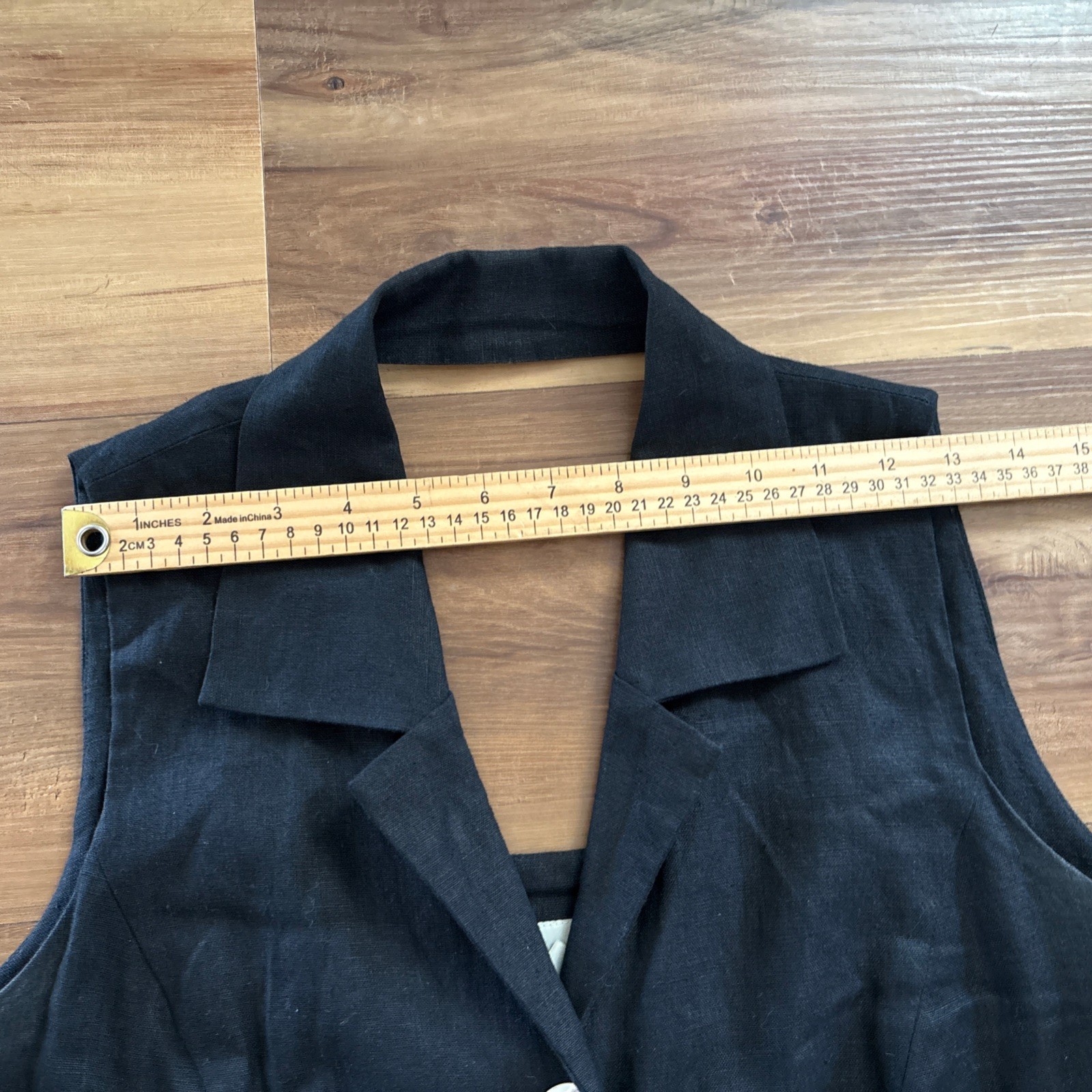 Vtg 90s Linen Blend Black Collared Sleeveless Mother Of Pearl Maxi Dress Size 14