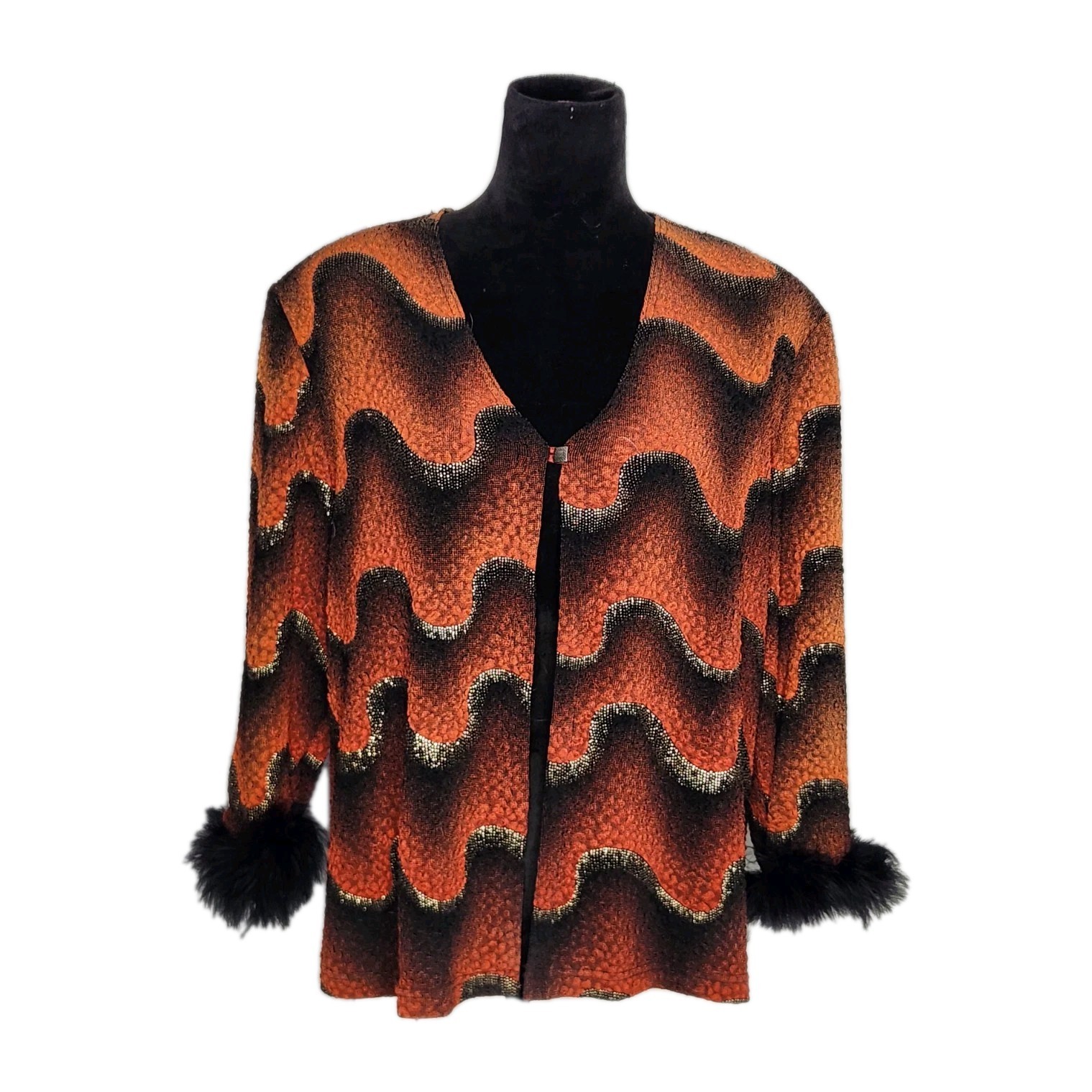 Joseph Ribkoff Vtg Cardigan Jacket Orange Black Wave Print Feather Cuff Retro