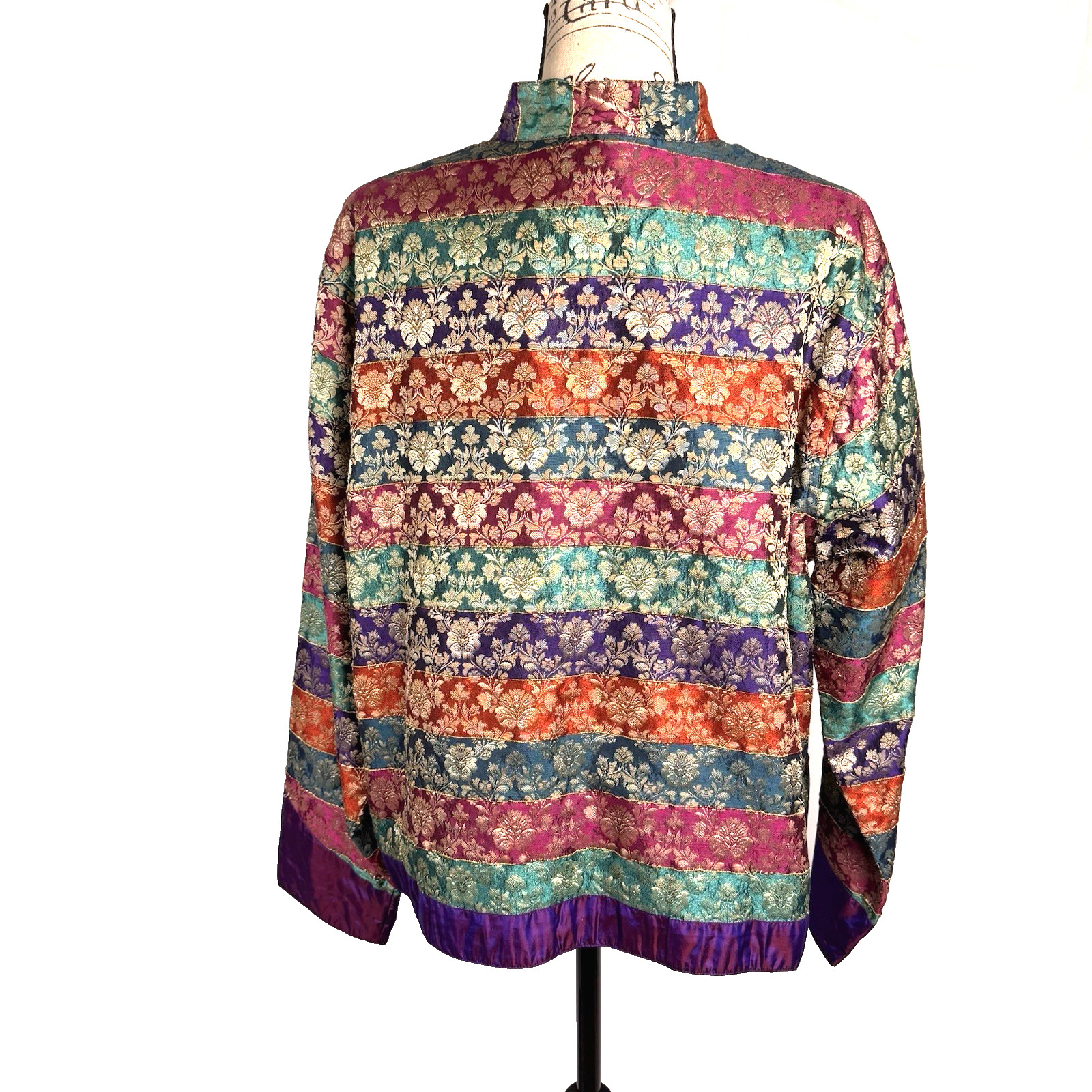 Vtg Silk Brocade Jacket Asian Inspired Frog Buttons Mandarin Collar Sz XL Purple
