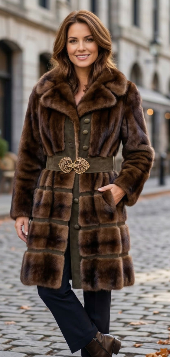 Vintage Real Mink Fur & Suede Metal Belted Coat Mod Paneled Design AS IS Medium
