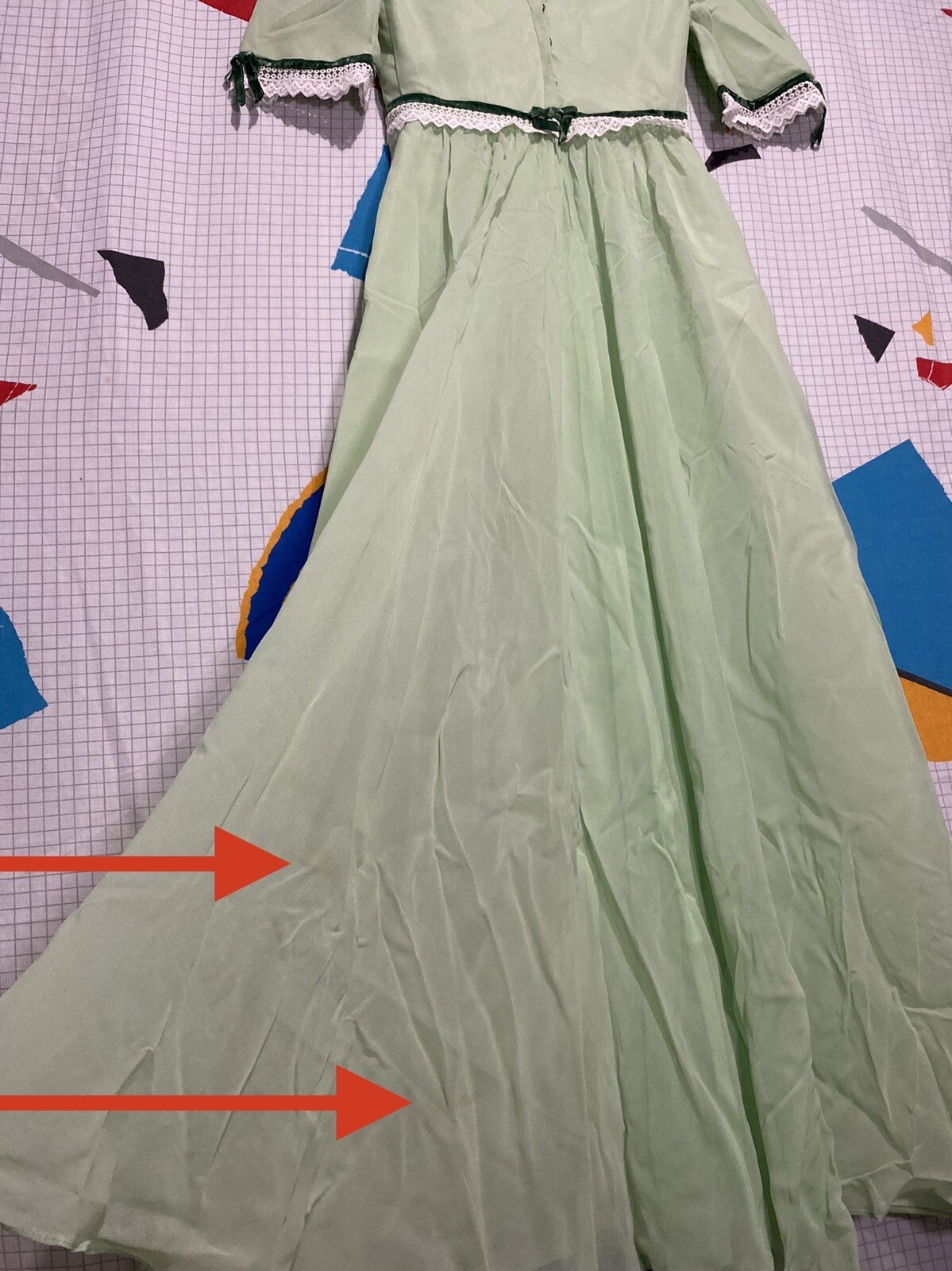 Vintage 50s Silk Chiffon Dress Green Lace Organza Velvet Ribbon 60s Maxi