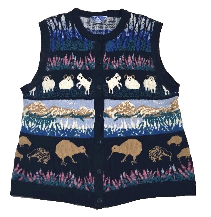 Vtg Scan Alp New Zealand Alpine Themed 80s PURE WOOL Knit Boho Ski Vest Womens L