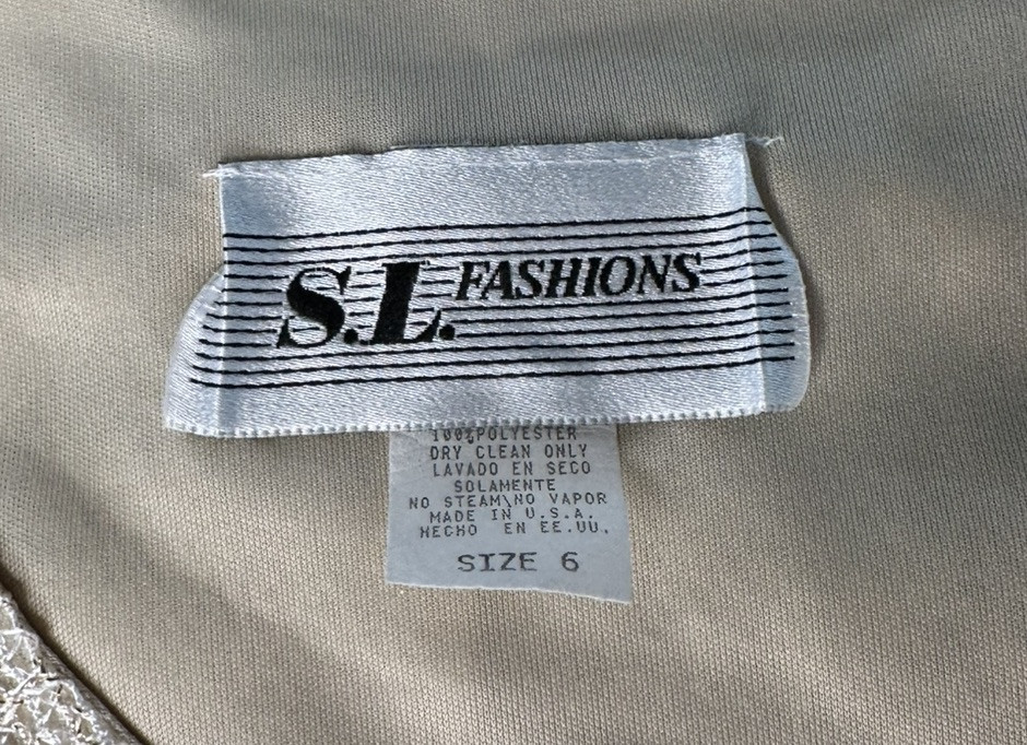 Vtg SL Fashions Cream Gold Lame Sparkly Formal Long Party Dress with Fringe 6