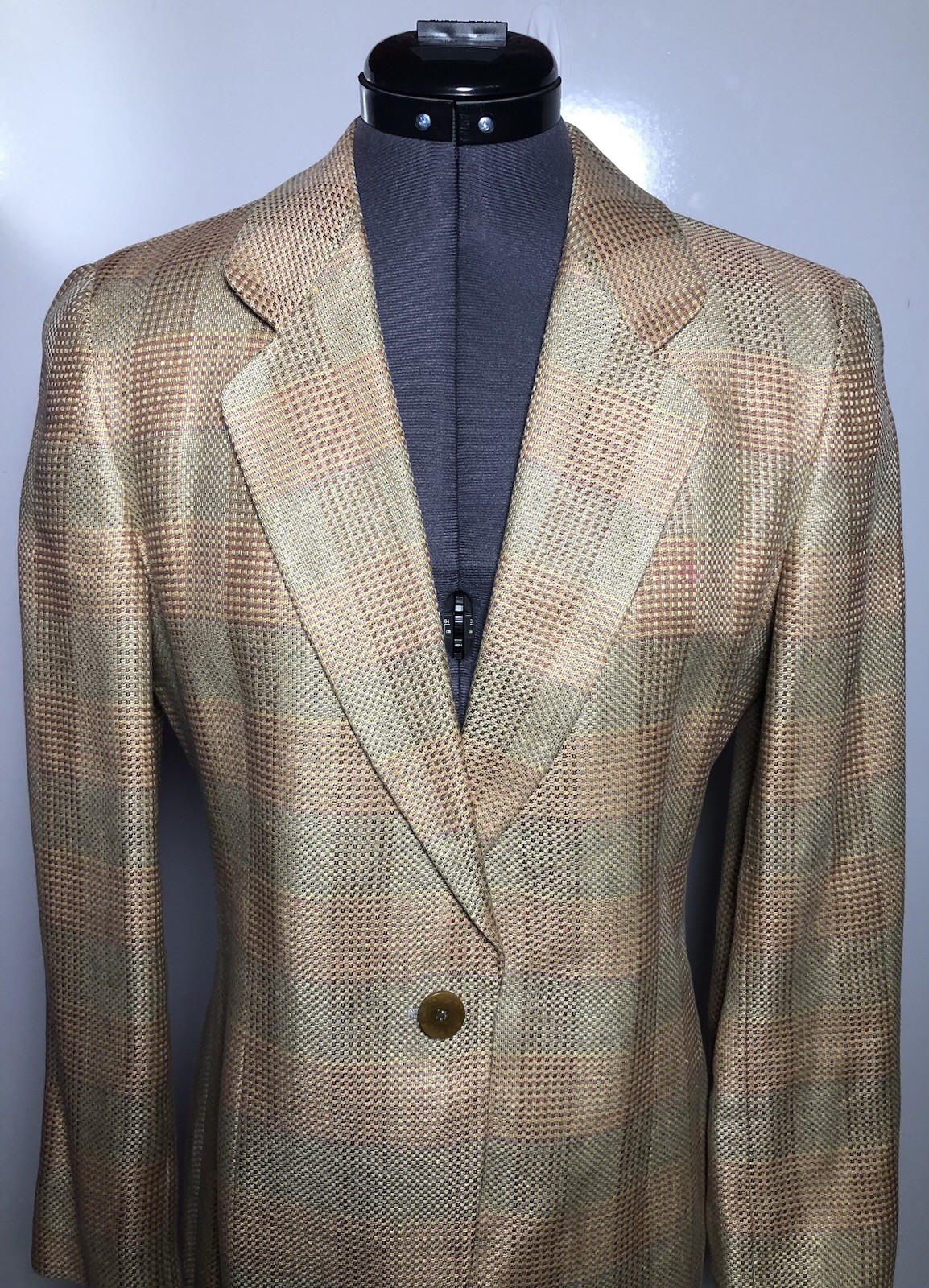 Vtg 80s Giorgio Armani Le Collezion Pink Blue Tan Plaid Long Blazer Italy 40 M