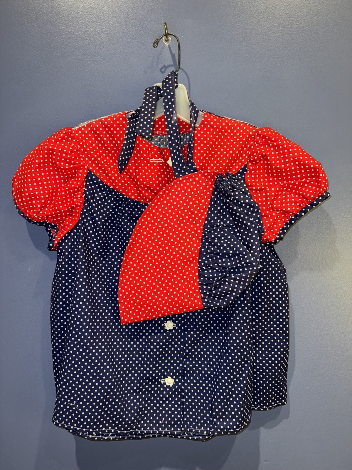 Small Med. Vintage Cottage Core Prairie Gibson Girl Top & Hat, Navy Red Polka