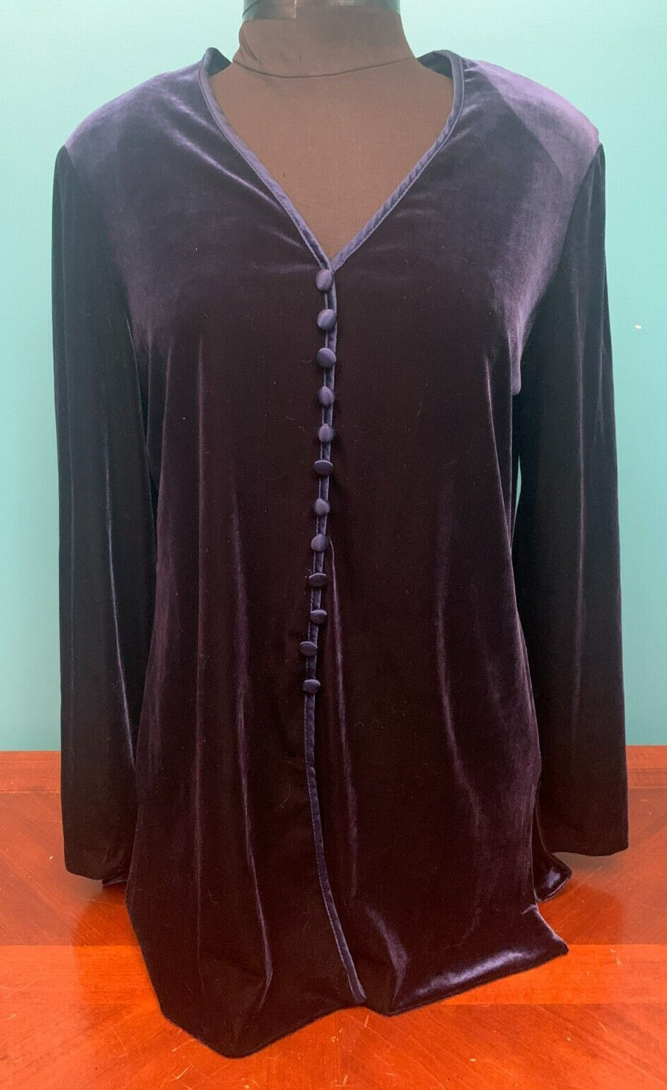 Vintage Nina Piccalino 12 Button Velvet/Velour Tunic Top – Size 10, Navy Blue