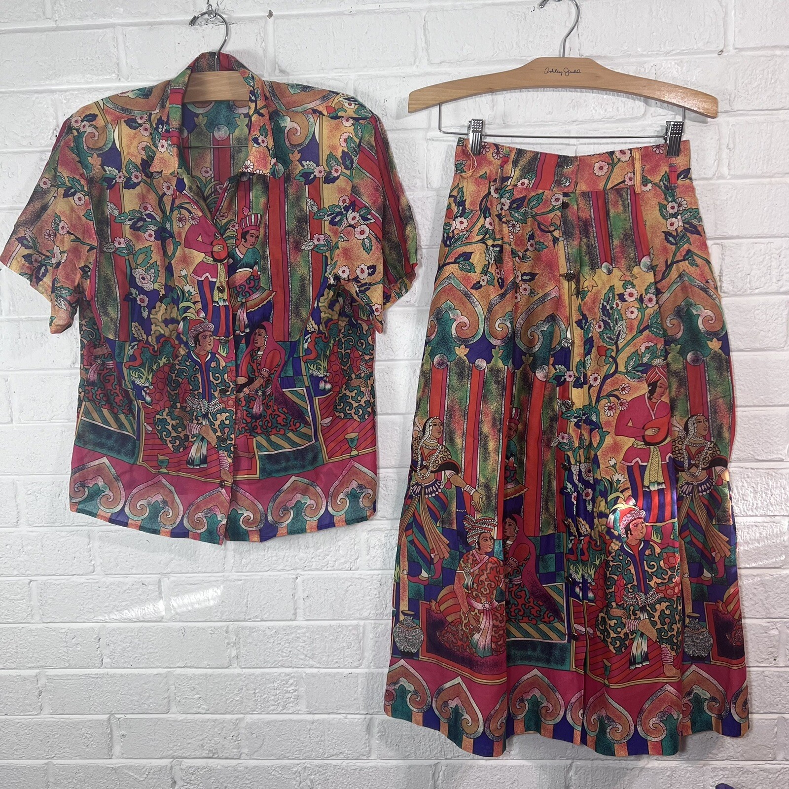 Vintage 80’s Howard Wolf Colorful Ethnic Skirt Matching Blouse Set Women’s 10