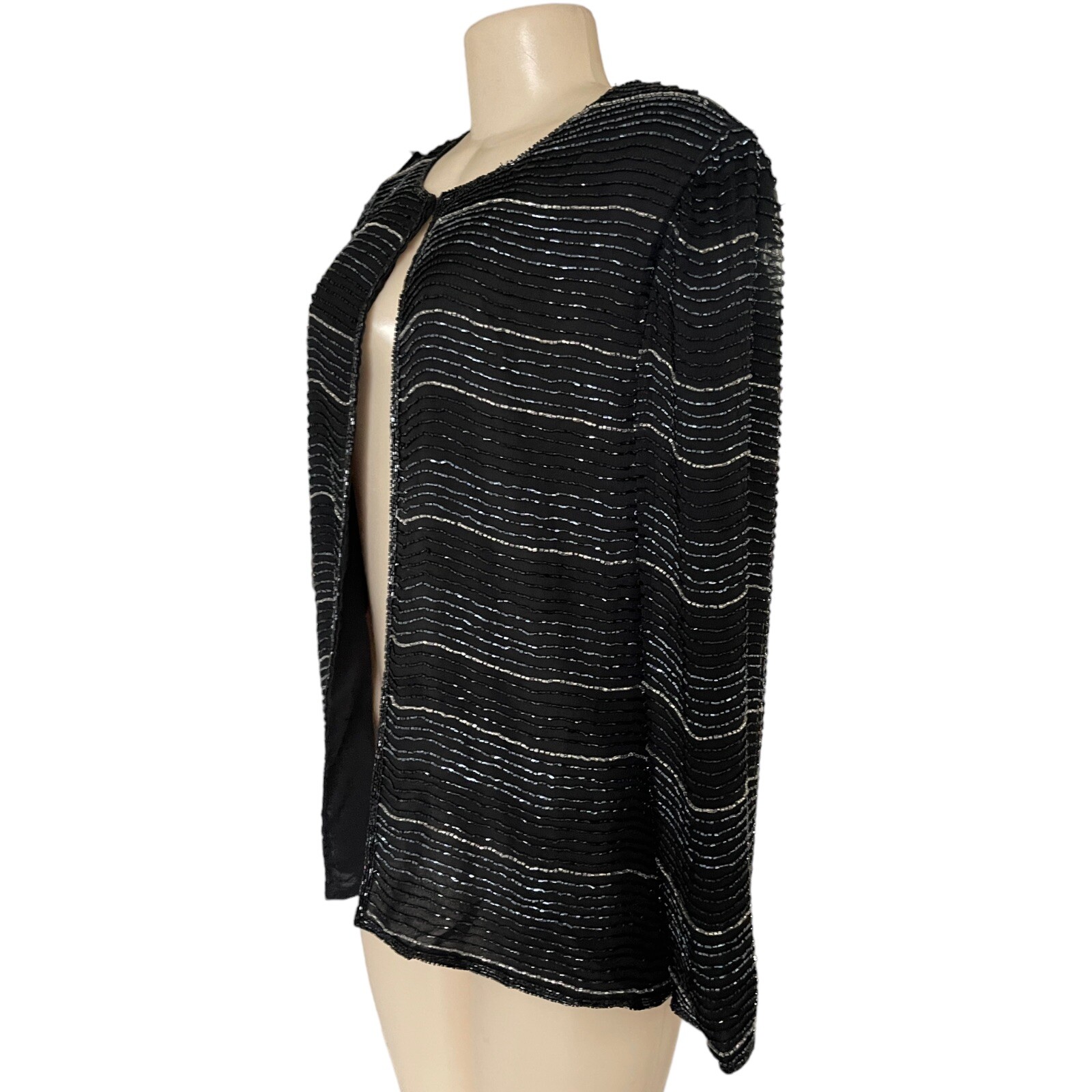 80s Laurence Kazar Hand Beaded Silk Jacket Black Wedding Guest Formal Blazer L