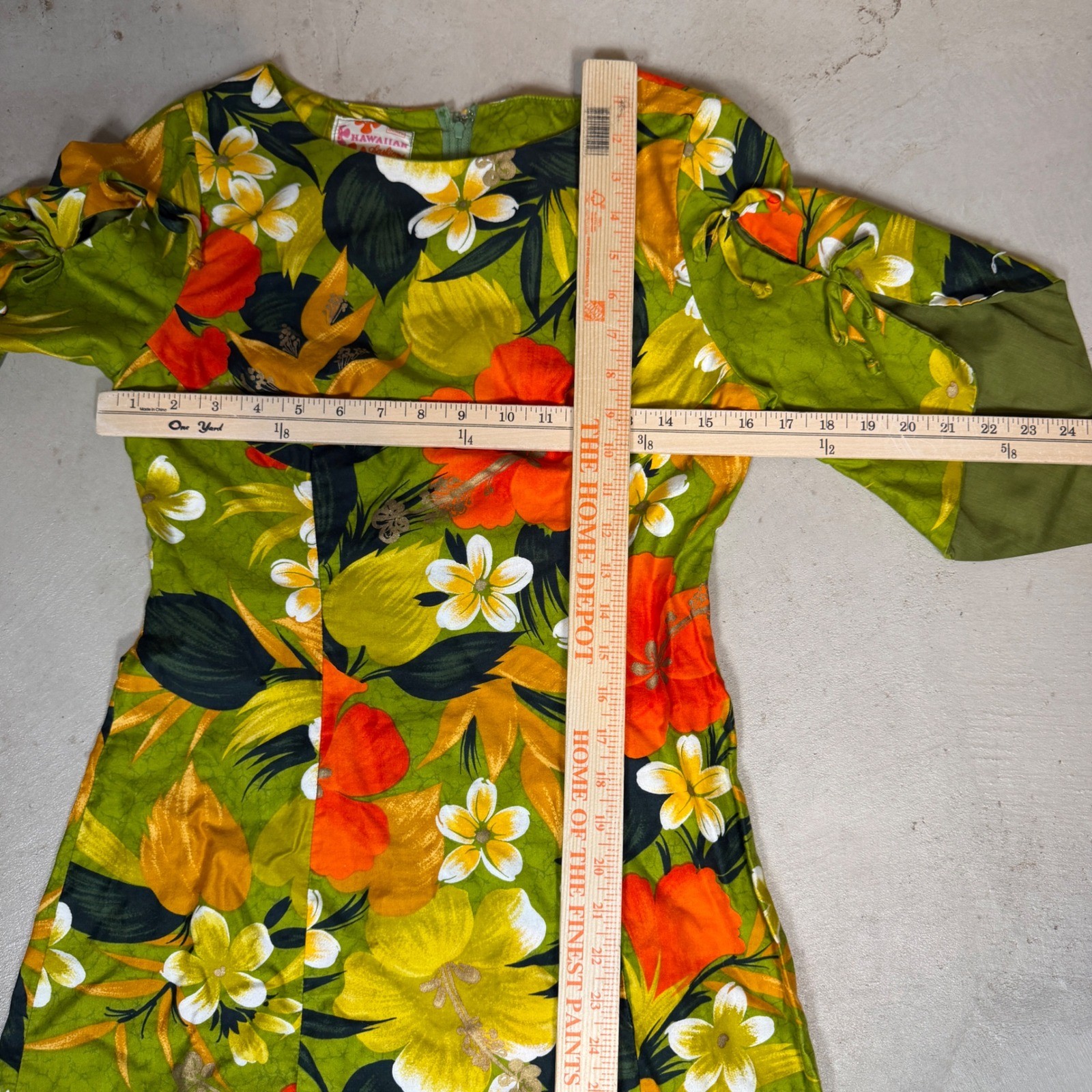 Vintage 60s Sears Hawaiian Fashions Floral Maxi Dress Green Orange Talon Zip S