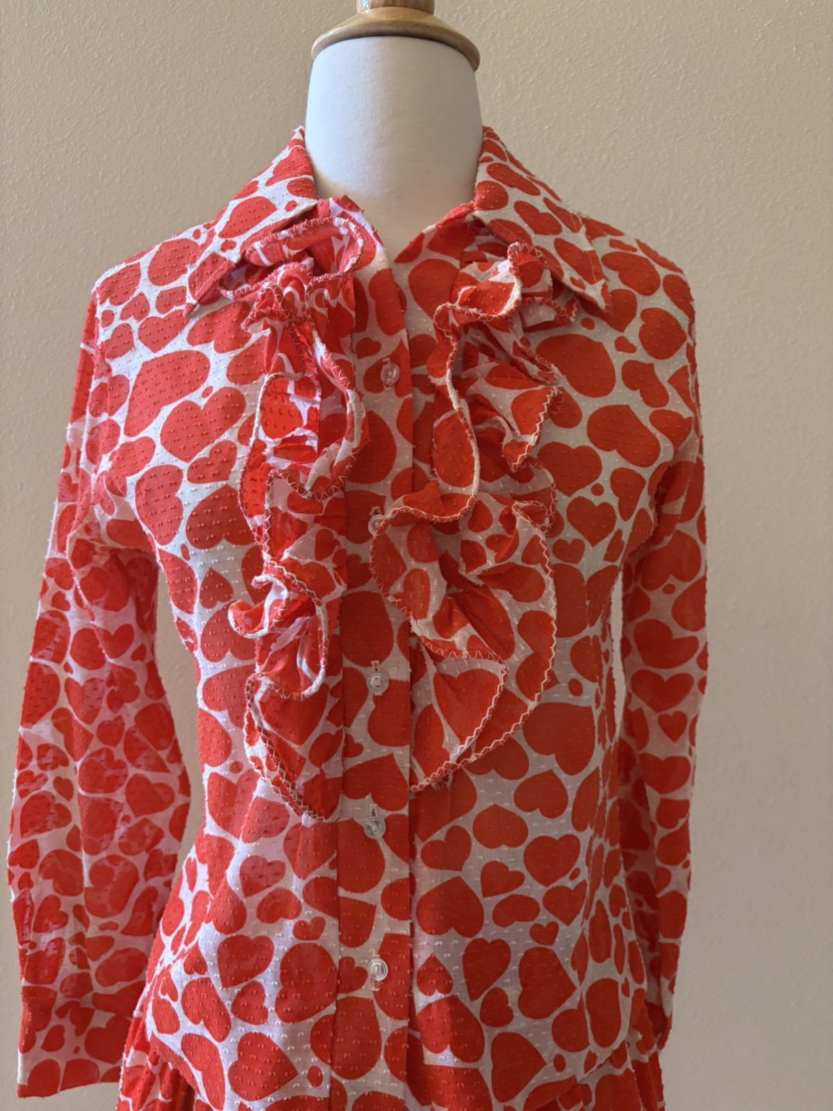 Vintage 60s 70s Ruffle Red Heart Long Sleeve Shirt Mini Skirt Dot Set small