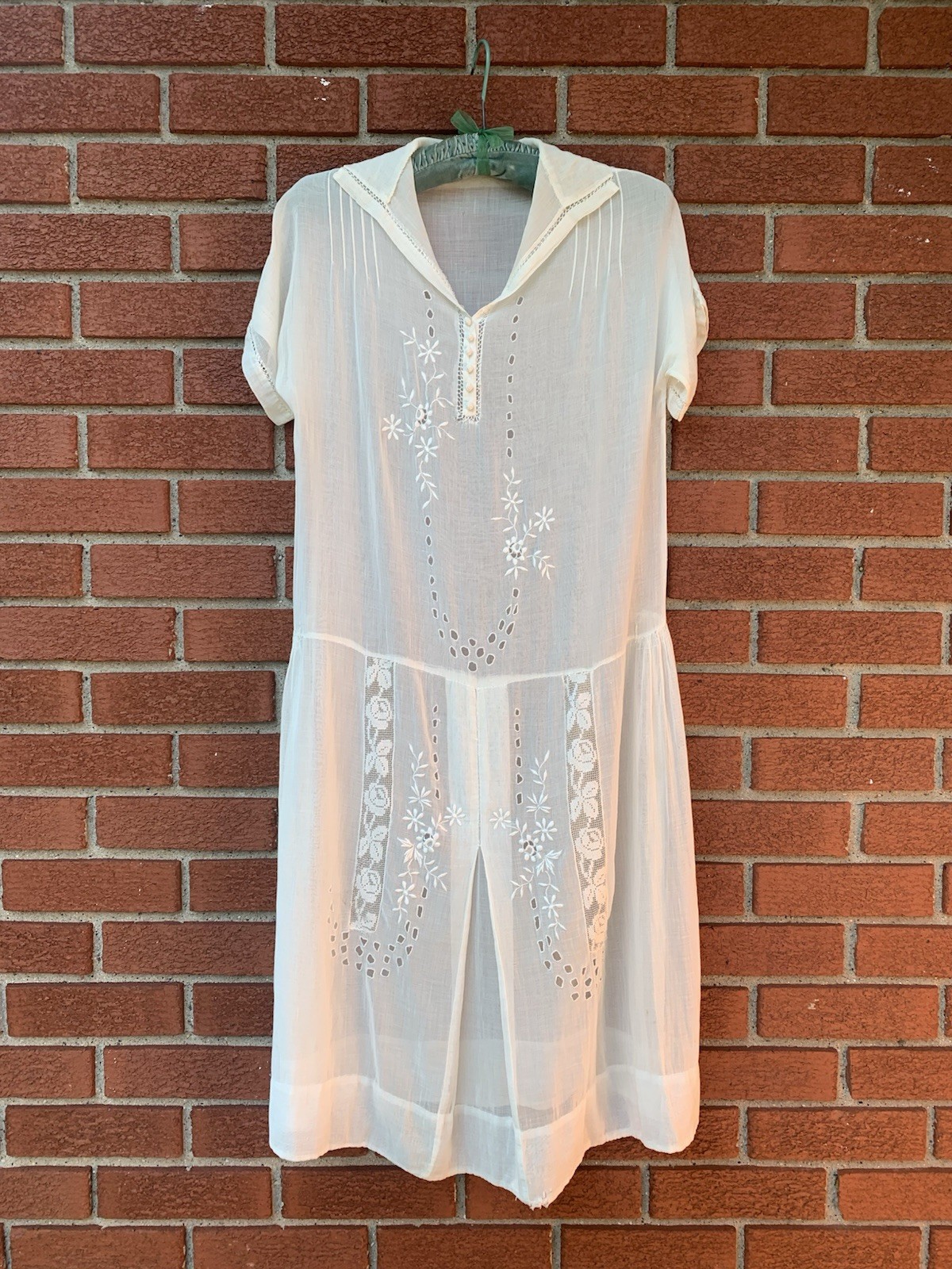 VTG 1910s 1920s As Is White Cotton Voile Drop Waist Lawn Dress S