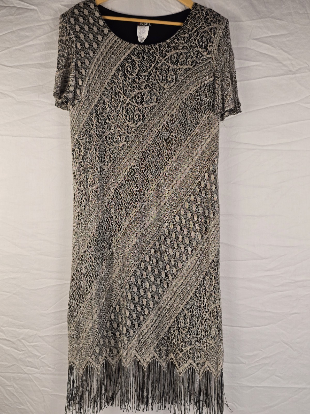 Vintage Helen Blake Flapper Dress Size 18 Black Gold Crocheted Lace Fringe