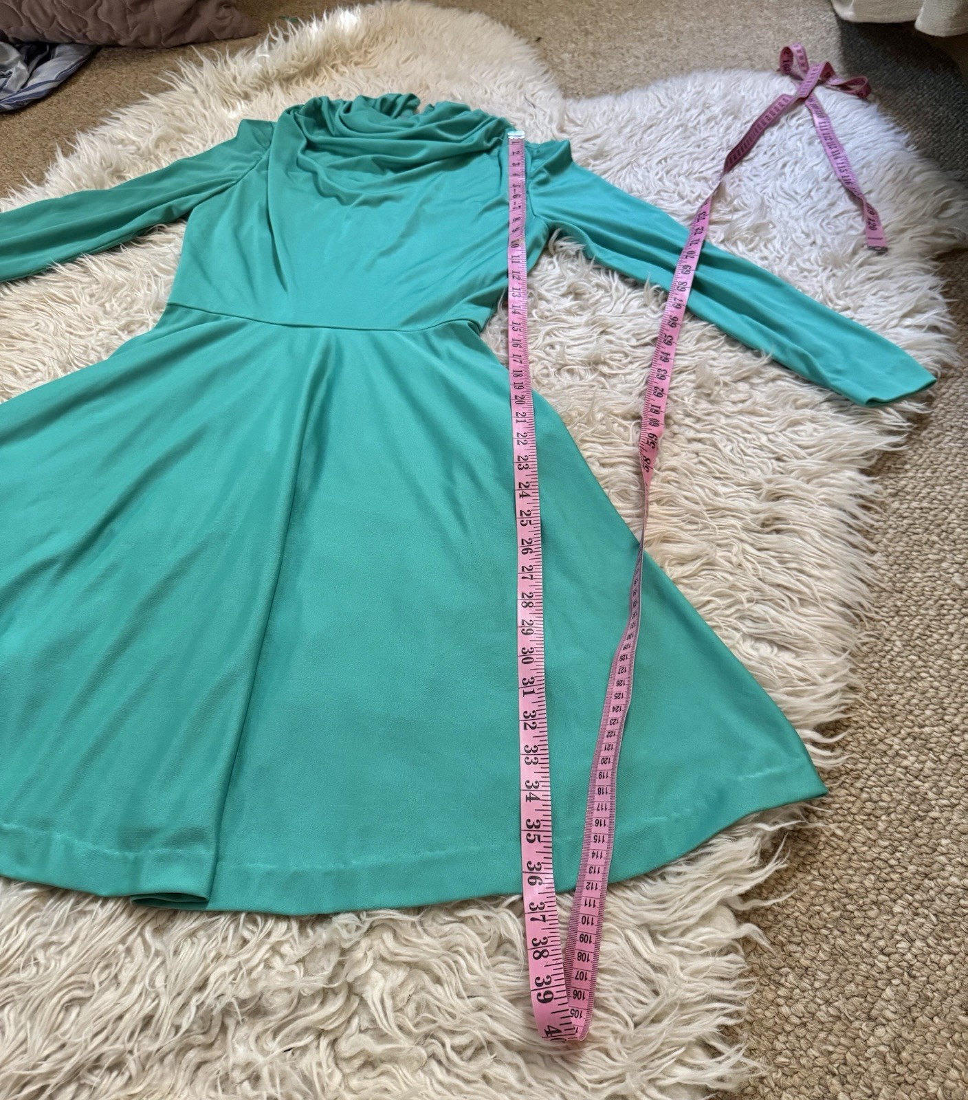 Vtg Lilli Diamond Green Cowl Grecian Draped Jersey Dress 60s Goddess LS XS S