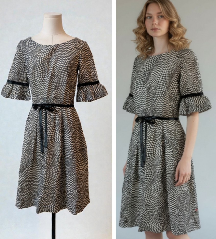 Vintage 60’s Pat Premo CA Kaleidoscope B&W Dress Tulip Sleeves Velvet Trim S