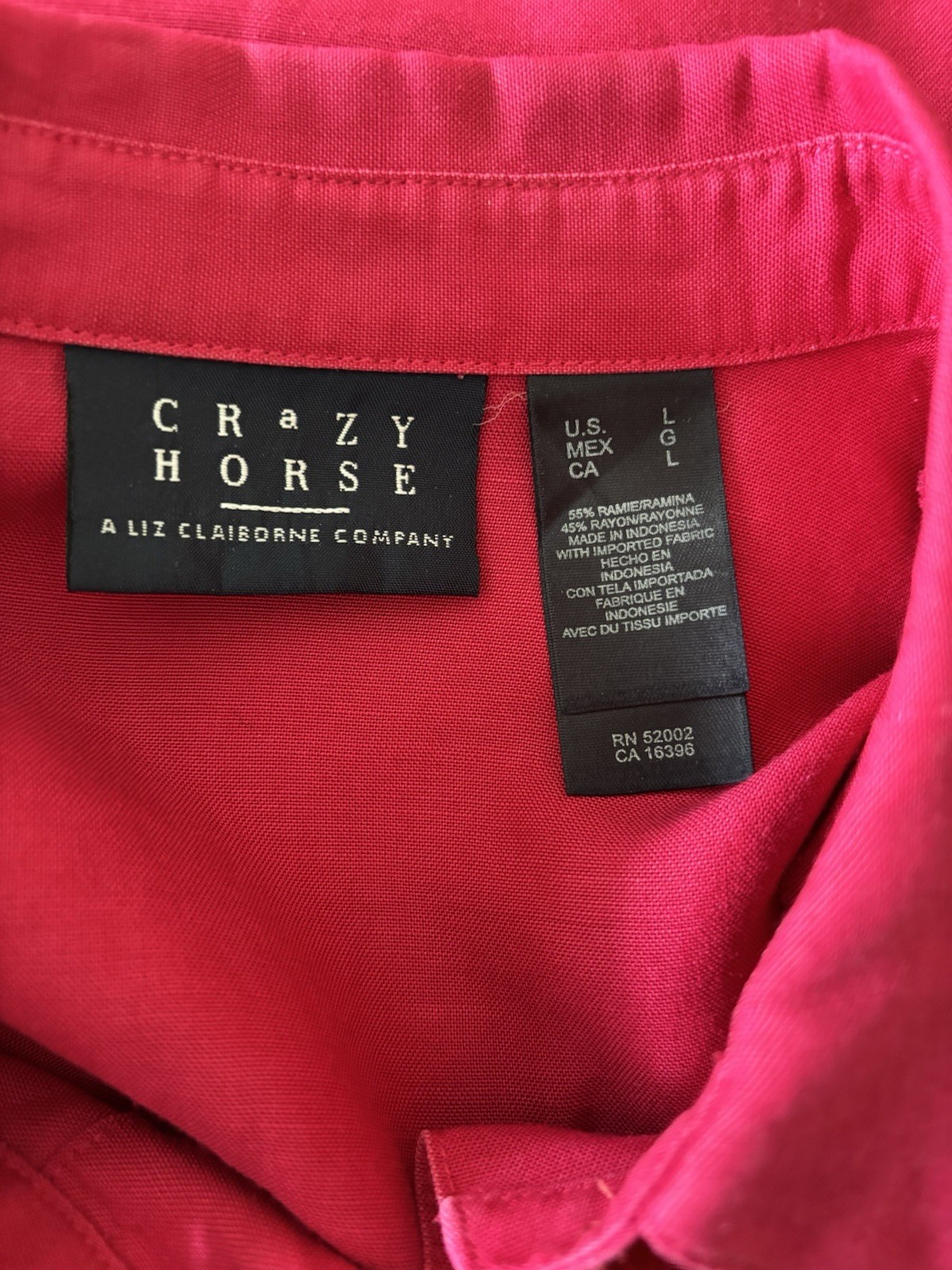 Vintage Ramie Rayon Shirt Crazy Horse Liz Claiborne Large Raspberry Pink Button